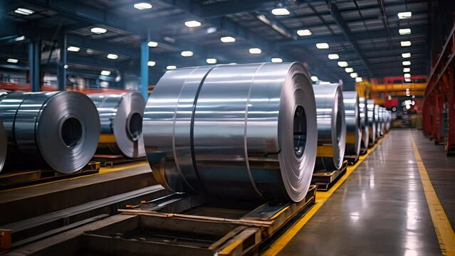 Rolls of galvanized steel sheet inside the factory or warehouse