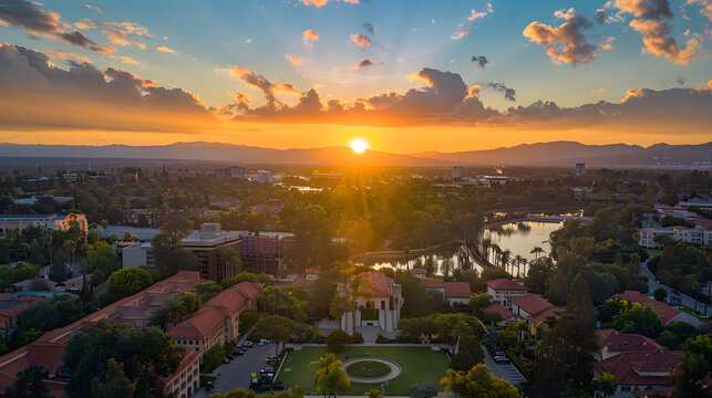 Aerial sunset view of the historic downtown area of Redlands, California