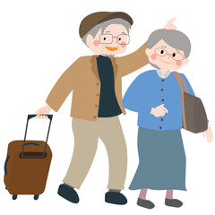 スーツケースをもって旅行に行く夫婦のベクターイラスト