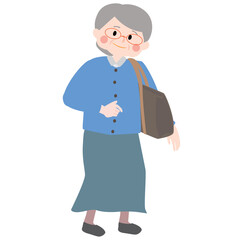 荷物をもってお出掛けをするシニア女性のベクターイラスト