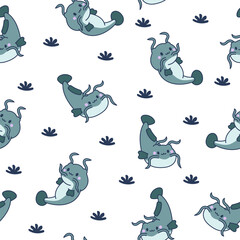 Cute kawaii catfish in different poses. Seamless pattern. Funny cartoon aquatic animal character. Hand drawn style. Vector drawing. Design ornaments.