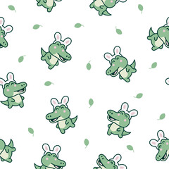 Cute kawaii crocodile. Seamless pattern. Cartoon adorable animal characters. Hand drawn style. Vector drawing. Design ornaments.