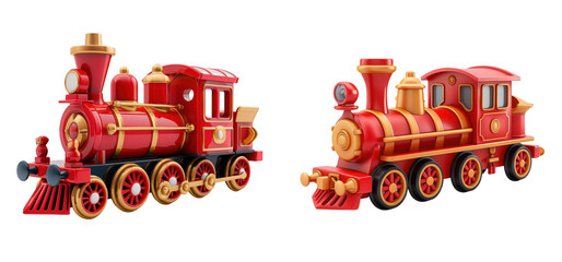 Red Toy Trains, Two vibrant red toy trains with golden accents, Classic Playtime on a transparent background. Generative AI