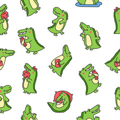 Cute crocodile character engaged in different activity. Seamless pattern. Funny adorable cartoon animal. Hand drawn style. Vector drawing. Design ornaments.