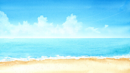 夏の砂浜の水彩画　