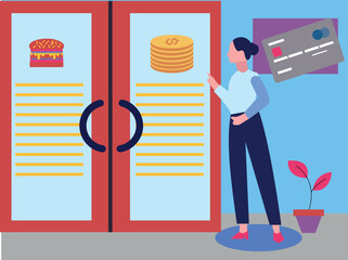 The girl is standing outside the restaurant.