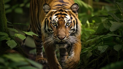 photograph of a majestic Bengal tiger prowling through a lush forest