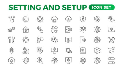 Setting and setup Solid icon collection. app and website settings icon set. options, configuration, preferences, adjustments, tools, gear, control panel, management,  and productivity icons.