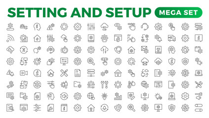 Setting and setup Solid icon collection. app and website settings icon set. options, configuration, preferences, adjustments, tools, gear, control panel, management,  and productivity icons.