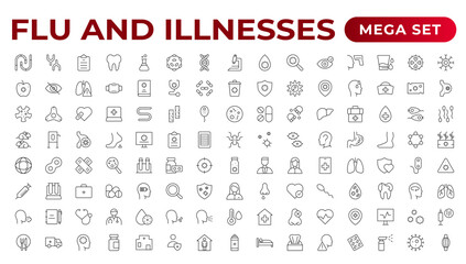 Set of Flu and Illnesses line icons. Collection of linear icons such as hygiene, disinfection, symptoms, treatment, virus, prevention, cancer, coronavirus, mental illnesses, and more.