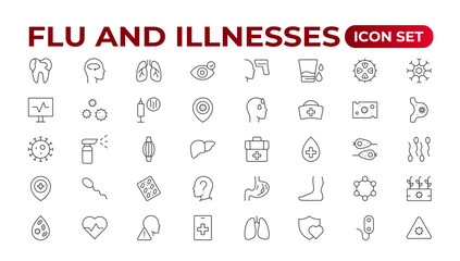 Set of Flu and Illnesses line icons. Collection of linear icons such as hygiene, disinfection, symptoms, treatment, virus, prevention, cancer, coronavirus, mental illnesses, and more.