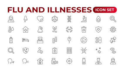Set of Flu and Illnesses line icons. Collection of linear icons such as hygiene, disinfection, symptoms, treatment, virus, prevention, cancer, coronavirus, mental illnesses, and more.