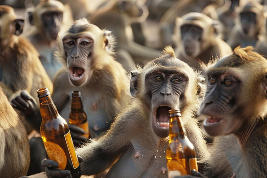 Group of intoxicated monkeys exhibiting drunken behavior
