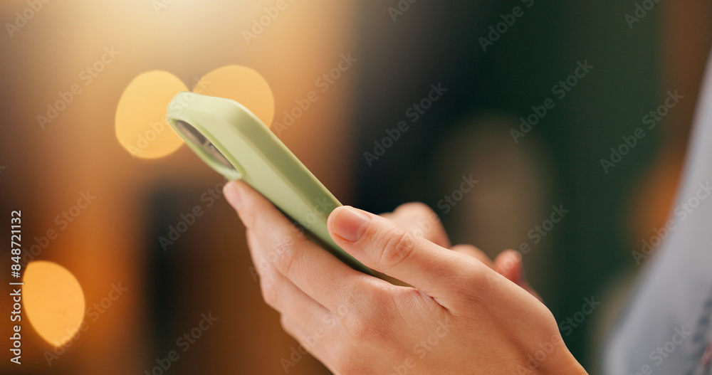Poster Hands, phone and person with communication on internet, social media or mobile app for connectivity. Technology, bokeh and smartphone for networking on website for contact, texting or research.