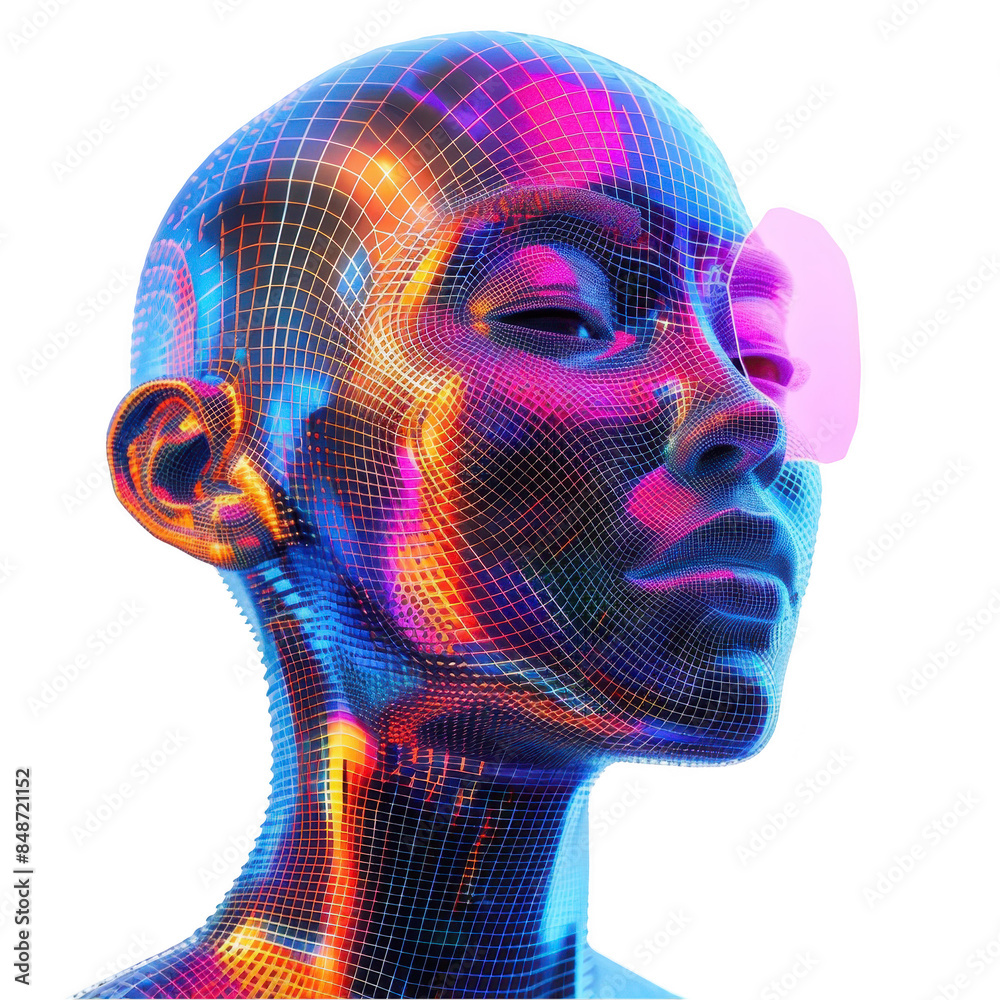 Wall mural Futuristic Cyber Face, Neon colors and grid pattern, Digital Age on a transparent background. Generative AI