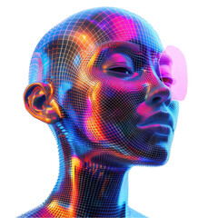 Futuristic Cyber Face, Neon colors and grid pattern, Digital Age on a transparent background. Generative AI
