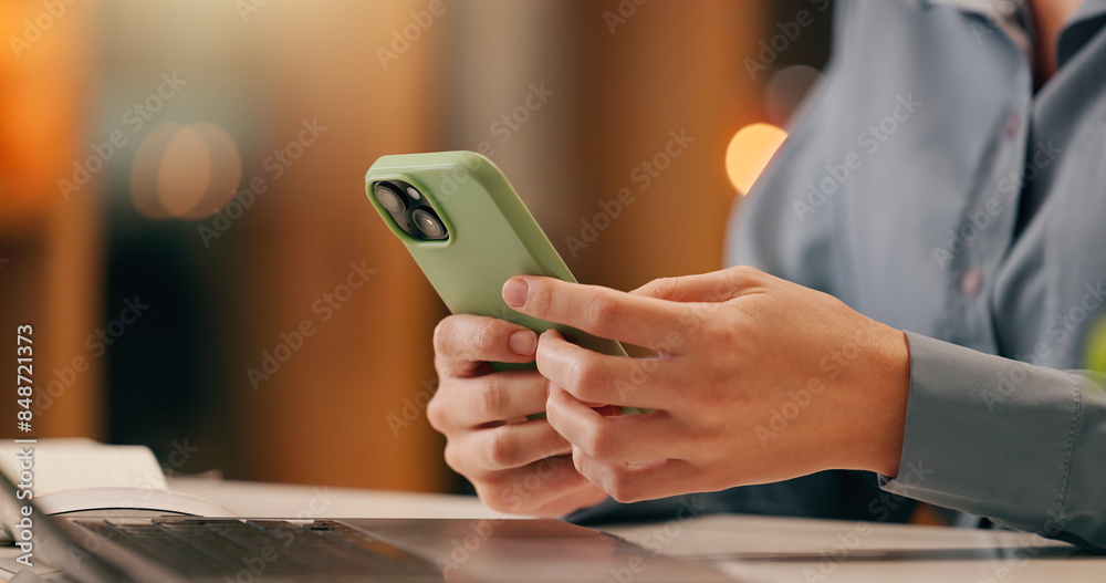 Poster business, person or hands with phone texting email in office for networking on app for social media.
