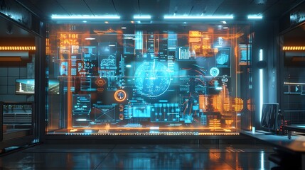 Transparent Holographic Display with Layered Digital Information in Sleek High Tech Glass Interface