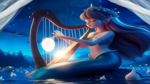 Mermaid playing harp at night under moonlight, seamless looping time-lapse animation