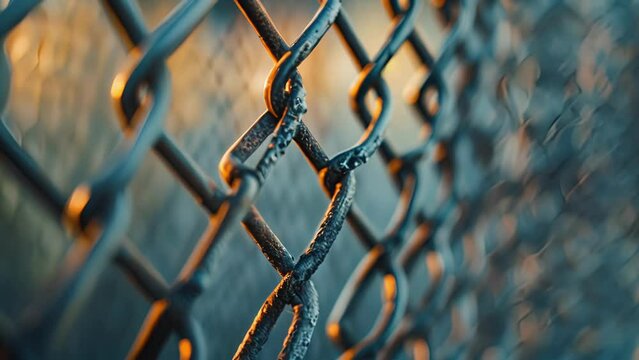 A closeup of a galvanized steel mesh fence highlighting its linear texture and sharp angular patterns.