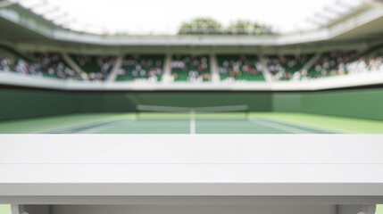 Fototapeta premium a blank product display table top with tennis stadium blurred background