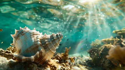 A sea shell is seen under the water.