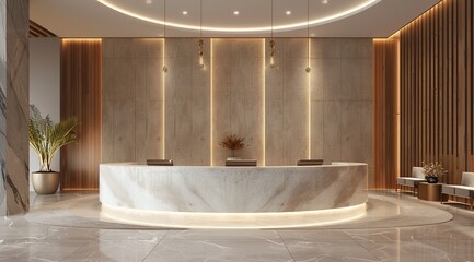 Luxury hotel lobby reception area with white marble counter and modern architecture, elegant lighting and decorative elements. Sophisticated interior design concept.