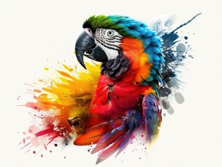 Obraz premium Vibrant and Explosive Colorful Feathers of a Tropical Parrot against a Clean White Background Showcasing the Bird s Captivating and Plumage