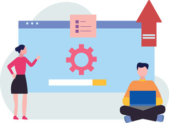 A girl and a boy are discussing a system update on a web page.