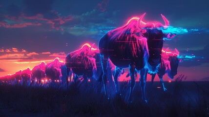 A herd of buffalo glowing with neon lights, walking in twilight, creating a futuristic and surreal scene.