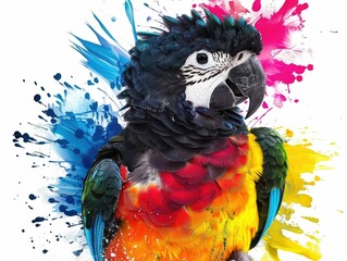 Striking image of a Black and White Parrot with a Spectacular Color Explosion emerging from its Vibrant Plumage Isolated on a Clean White Background for a Creative Effect
