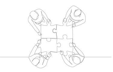 Continuous one line drawing of business people connecting jigsaw puzzle, working together, teamwork to solve problem concept, single line art.