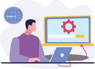 Boy is working on updating laptop settings.