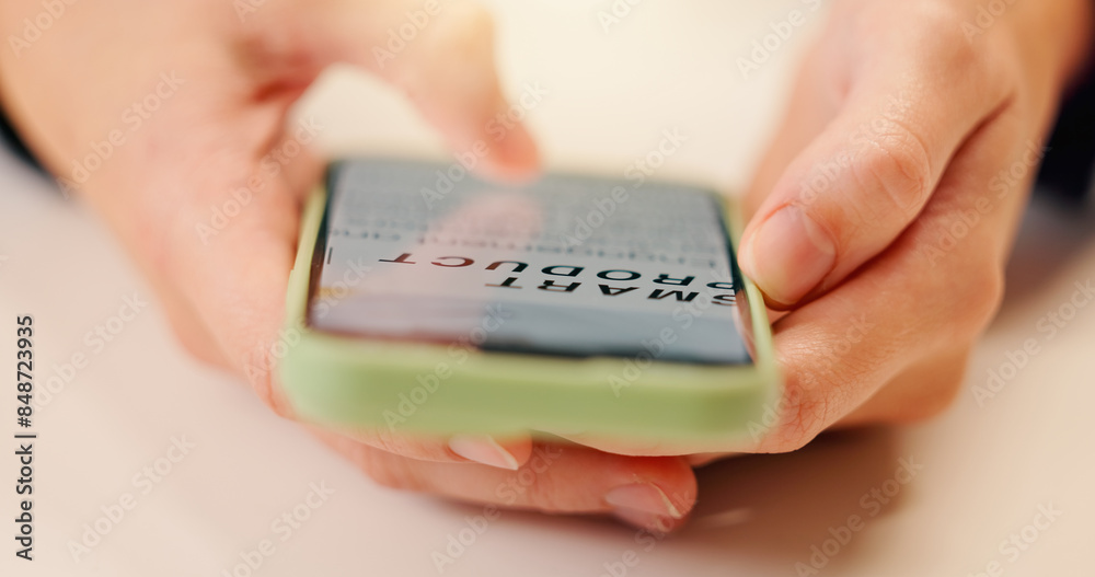 Poster hands, phone and person reading on screen for online news blog, internet or ebook for information. t
