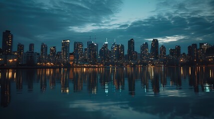 Fototapeta premium A city skyline at dusk with lights reflecting off the water