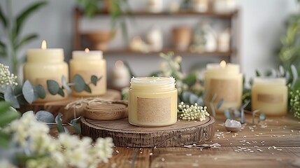  Shea butter jars and lotion bottles on a wooden table with scattered eucalyptus leaves and flowers.