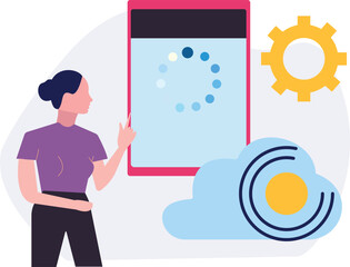 The girl is pointing at the mobile system loading.