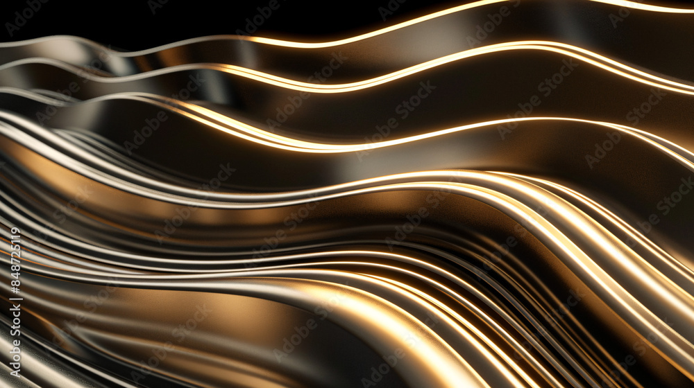 Poster abstract digital art with smooth, flowing lines and a metallic sheen, creating a wave-like pattern w