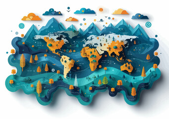 Business Success Pathway with World Map Illustration: Strategic Goals and Planning for Achieving Global Success in a Minimalistic Style, Depicting Route to Achieve Business Objectives