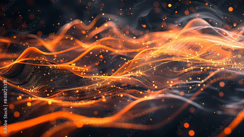 Poster Dynamic abstract visualization of flowing orange and golden particles, creating a wave-like pattern with smoke-like effects on a dark background