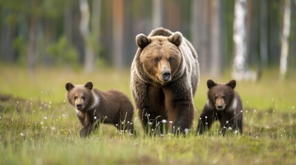 mother bear and cute baby bear, happy bear family,