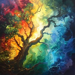 Fototapeta premium colorful auras illuminated the surrounding trees By Generated AI
