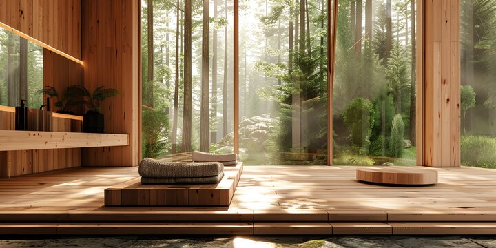 Fototapeta mockup photo of room window facing the forest, villa atmosphere, cottage, elegant natural atmosphere, for spa and beauty products