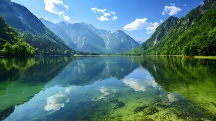  A crystal-clear lake reflecting surrounding mountains