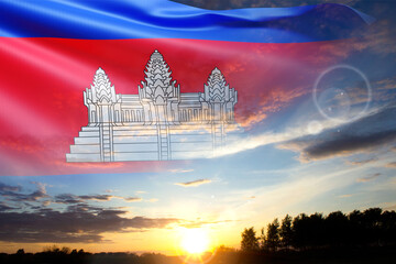 Flag of Cambodia against the sunset. National Holidays background. Cambodia flag for Independence Day