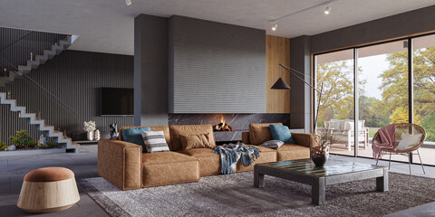 Cozy living room interior with concrete walls, staircase and fireplace. Modern design solution, 3d rendering