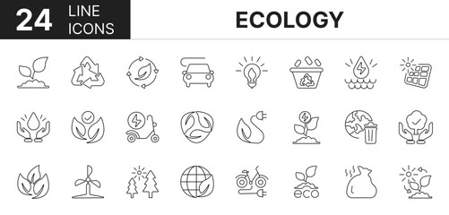 Collection of 24 ecology line icons featuring editable strokes. These outline icons depict various modes of ecology, nature, bioenergy, web, environment, sustainability, green, 