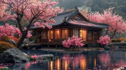 Obraz premium Cherry Blossoms creating a pink canopy over a traditional tea house