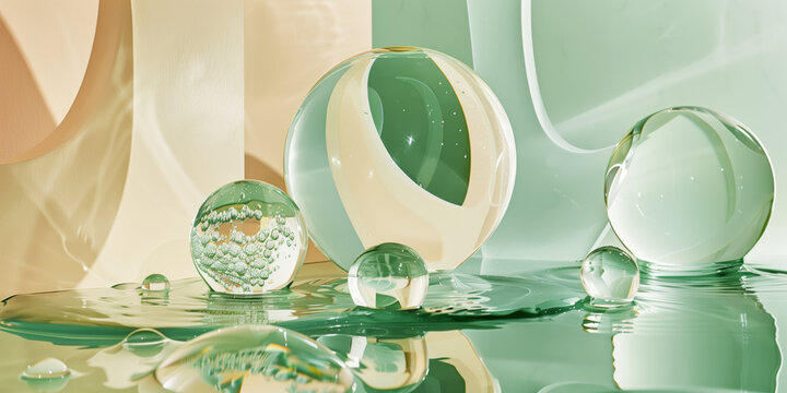 Symbolic Still-Lifes: Glass Droplets on Clear Green Surface with Water, Minimalist Textiles, Light Sky-Blue and Beige