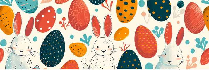 Illustration of Easter eggs and bunnies in bright colours..